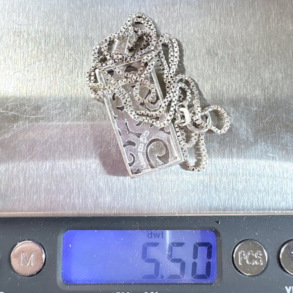 Sterling Silver 925 Scroll Design Rectangle Pendant Necklace Size 21.5" Length - Picture 10 of 14